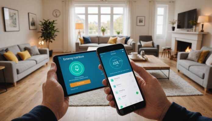 Foyer consultant une facture d'énergie et une notification de bonus de parrainage sur smartphone