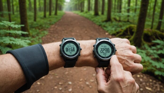 Montre GPS portée par un coureur sur un sentier en forêt