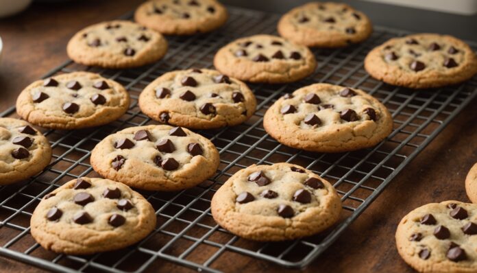 Cookies aux pépites de chocolat refroidissant sur une grille dans une cuisine