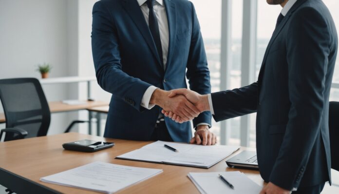 Employeur et salarié discutant d'une rupture conventionnelle dans un bureau