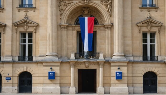Façade institutionnelle évoquant le Sénat français et une urne électorale