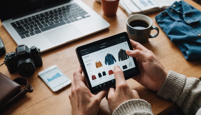 Personne photographiant des vêtements pour les vendre en ligne, ordinateur portable avec tableau de bord de ventes