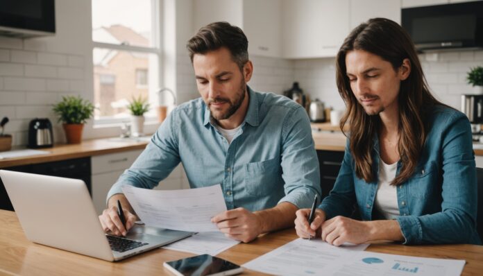 Couple préparant une simulation de prêt immobilier à domicile