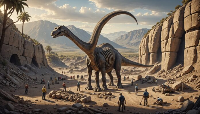 Squelette fossile de Diplodocus mis au jour sur un site de fouille en Espagne