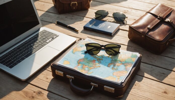 Valise, carte du monde et ordinateur portable pour préparer un voyage pas cher