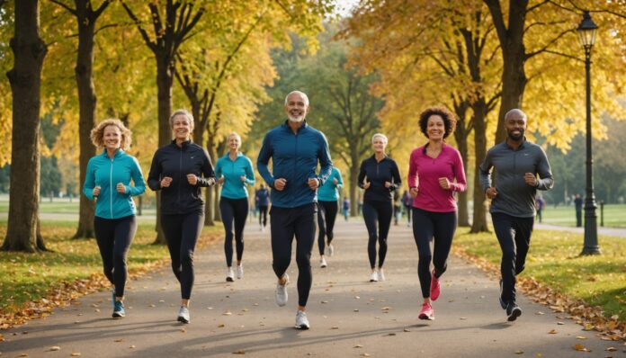 Groupe d'adultes faisant du sport en extérieur dans un parc pendant Septembre Bouge