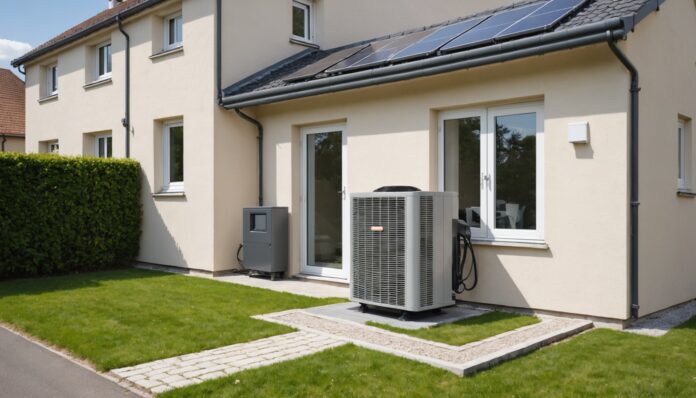 Maison individuelle française avec pompe à chaleur, illustration de la rénovation énergétique MaPrimeRénov 2026