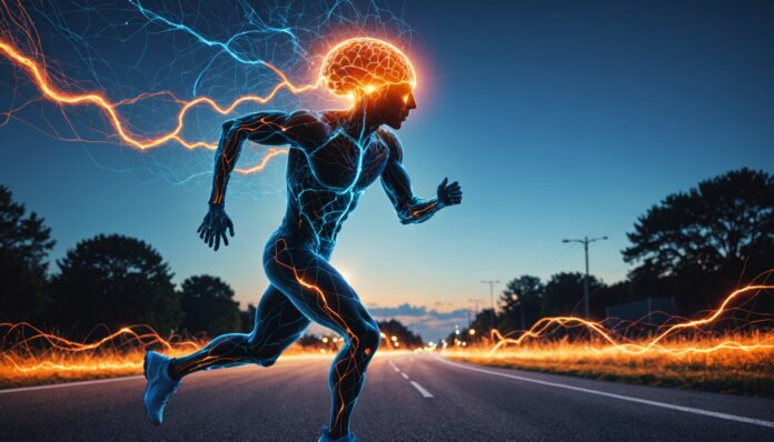 Illustration d'une personne faisant du sport avec un réseau neuronal lumineux symbolisant la neurogenèse