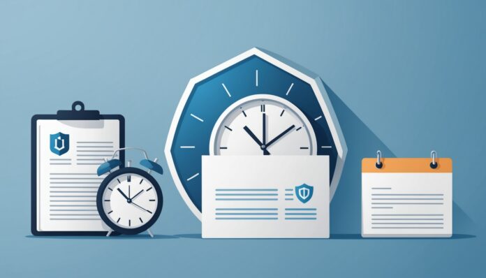 Illustration générée par IA représentant des documents d'assurance, un bouclier et une horloge symbolisant les délais d'indemnisation
