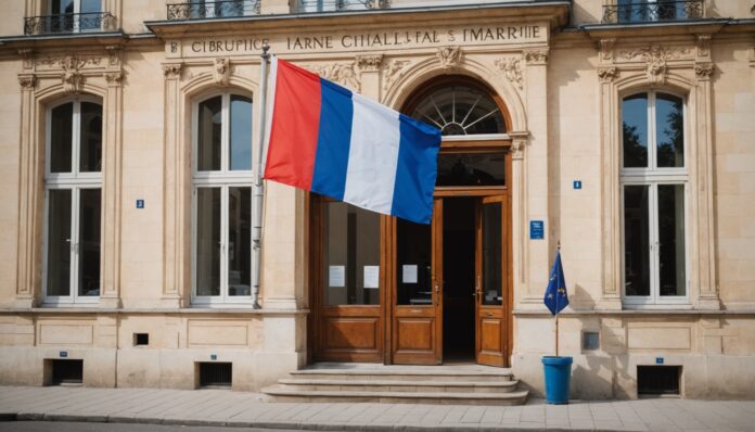 Façade d'une mairie française avec drapeau tricolore, symbole de la simplification administrative pour les collectivités locales
