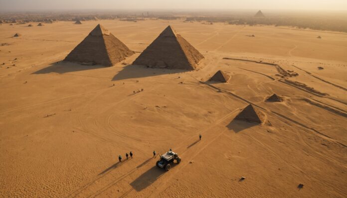 Relevé radar archéologique sur le plateau des pyramides de Gizeh au coucher du soleil