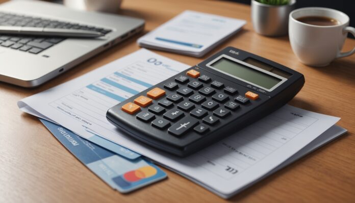 Carte bancaire et calculatrice sur un bureau, illustration générée par IA, ne représente pas une banque réelle